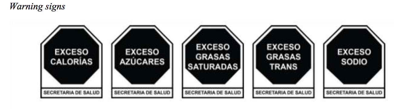 black and white warning labels found on food products in Mexico
