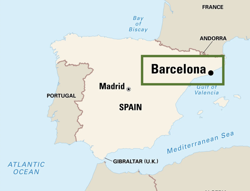 Map of Spain with Barcelona boxed in green