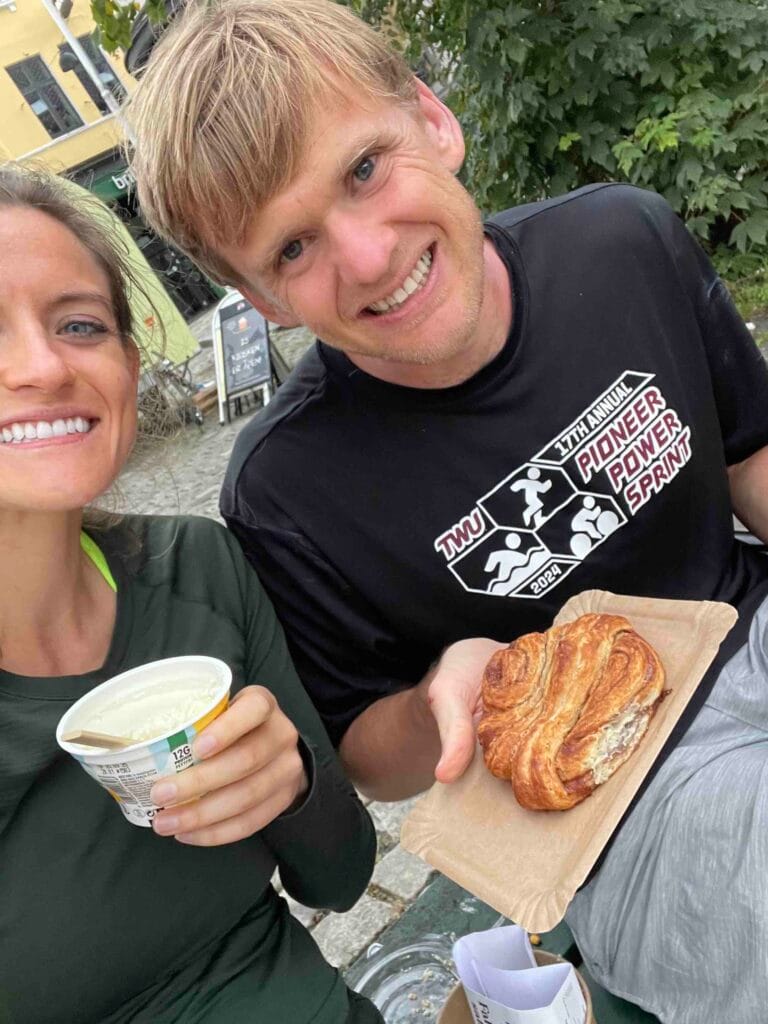woman with yogurt and man with cinnamon bun