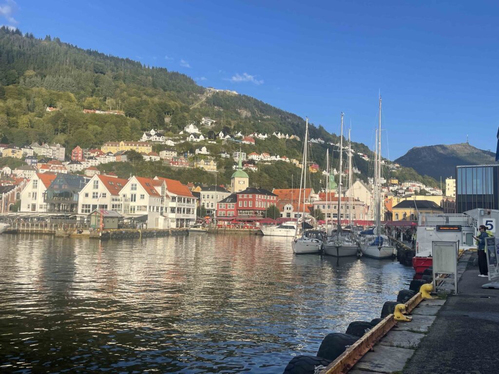 Charming harbor in Norway with yachts and red roofed builings