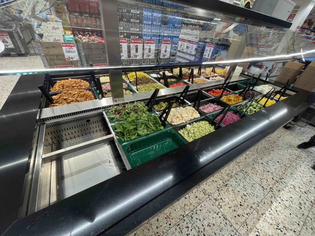 Close Up of grocery store salad bar in Norway