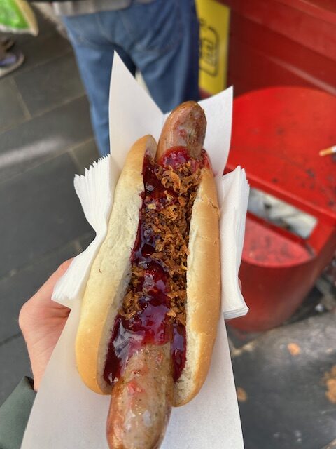 long hot dog in a bun with red ligonberry sauce