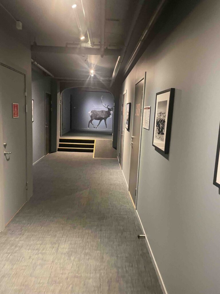Lodge stairway with moose painted on wall