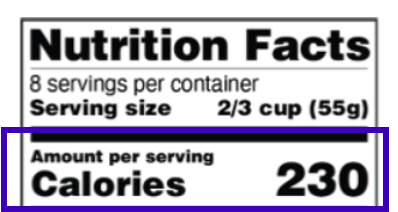 Nutrition label highlighting 230 calories per serving.