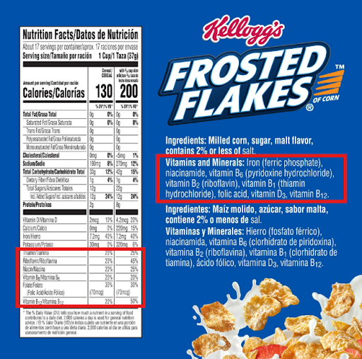 Bilingual box of Frosted Flakes cereal highlighted fortified nutrients.