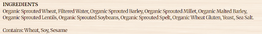 Ezekiel bread ingredient line on nutrition label.